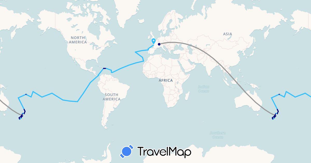 TravelMap itinerary: driving, plane, boat in Barbados, Switzerland, Cook Islands, Chile, Dominica, Dominican Republic, Ecuador, Spain, Fiji, France, Guadeloupe, Haiti, Martinique, New Caledonia, New Zealand, Panama, French Polynesia, Pitcairn Islands, Portugal, Tonga, Saint Vincent and the Grenadines, Samoa (Europe, North America, Oceania, South America)